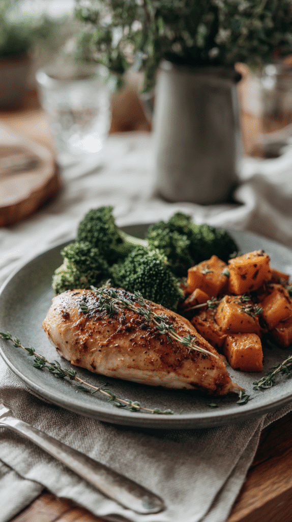 a plate of roasted chicken breast, broccoli and sweet potatoes on a linen covered kitchen table