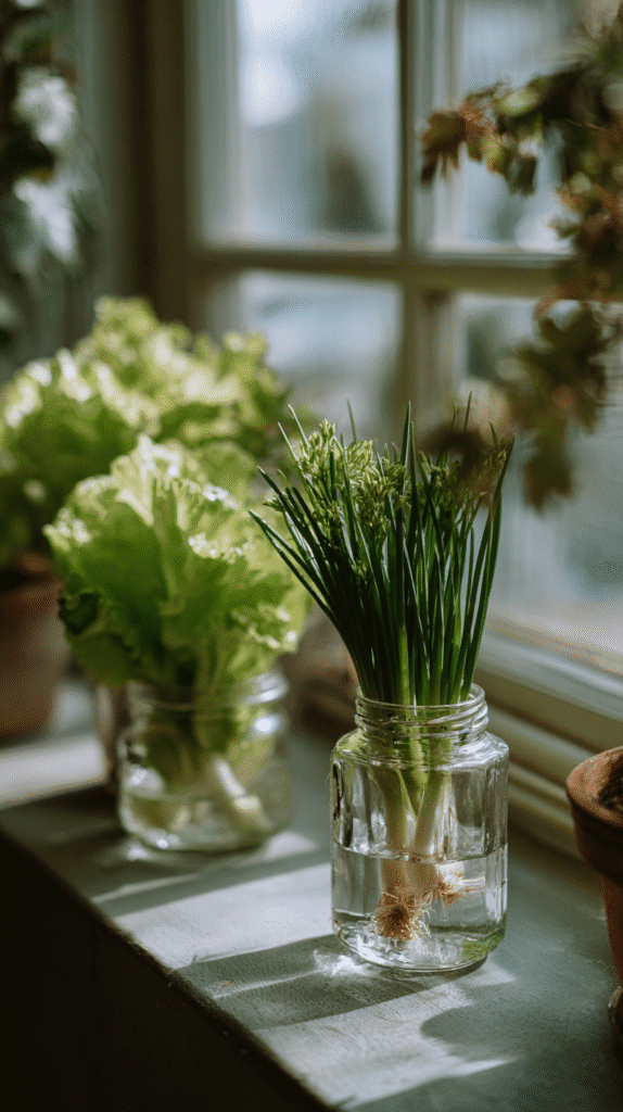 garden scraps regrowing in glass jars on a windowsill