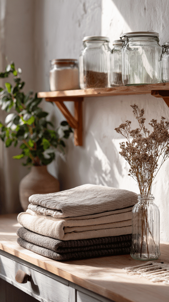 a stack of repurposed cloths in a sunny kitchen