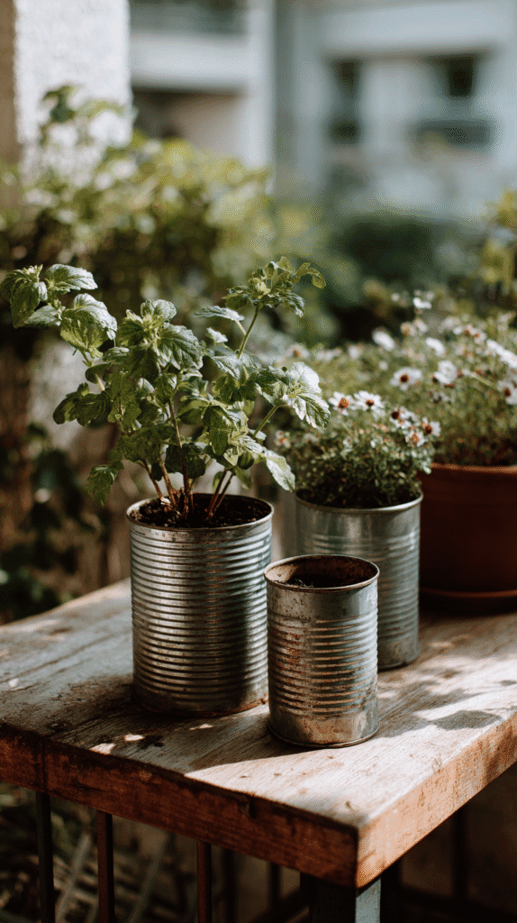 a collection of repurposed cans used for planters