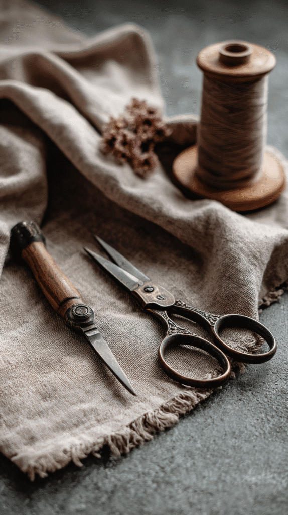 sewing tools laying on a linen napkin