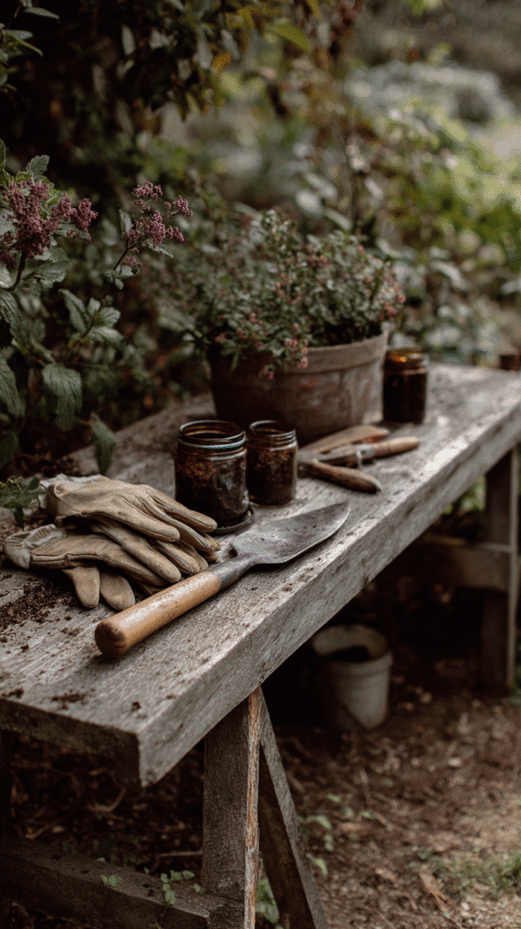 used garden tools laying on a bench