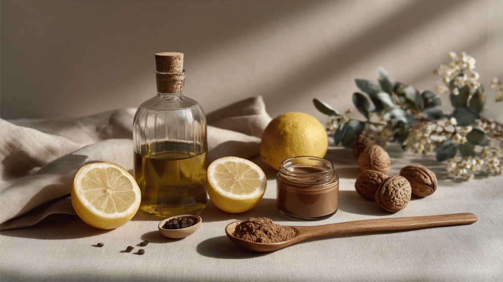 an assortment of clean eating staples like avocado oil, lemons and nut butter on a linen tablecloth