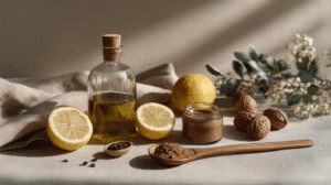 an assortment of clean eating staples like avocado oil, lemons and nut butter on a linen tablecloth
