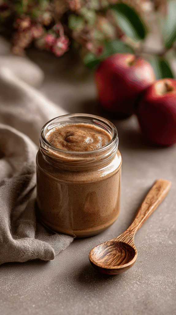 a glass jar of almond butter and a wooden spoon