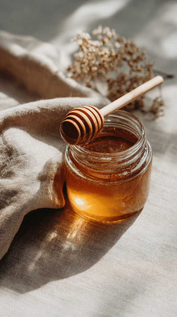 raw honey in a glass jar with a wooden honeycomb
