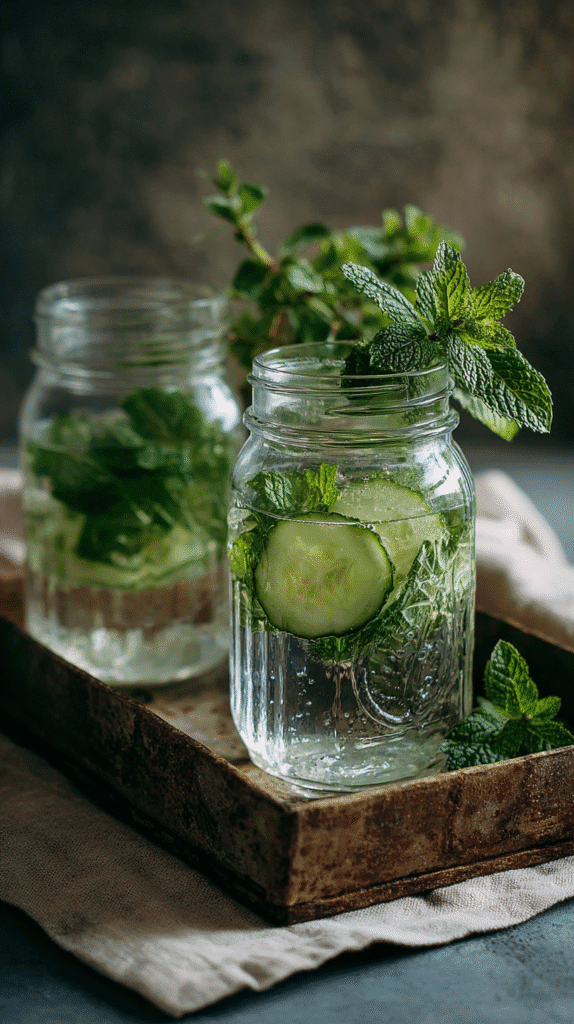 jars of cucumber and mint infused water on a wooden tray
