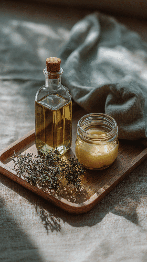 avocado oil and ghee in  glass containers on a wooden tray with sprigs of herbs