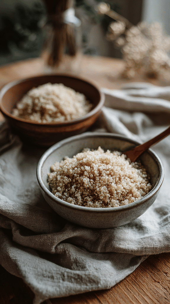 bowls of quinoa on a linen napkin