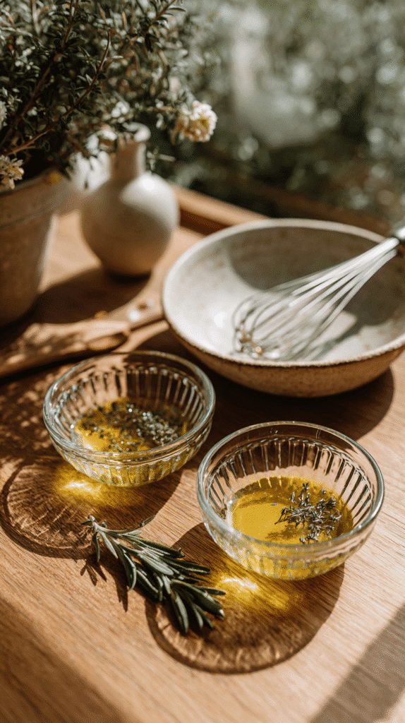 ingredients for a homemade salad dressing, bowl and whisk