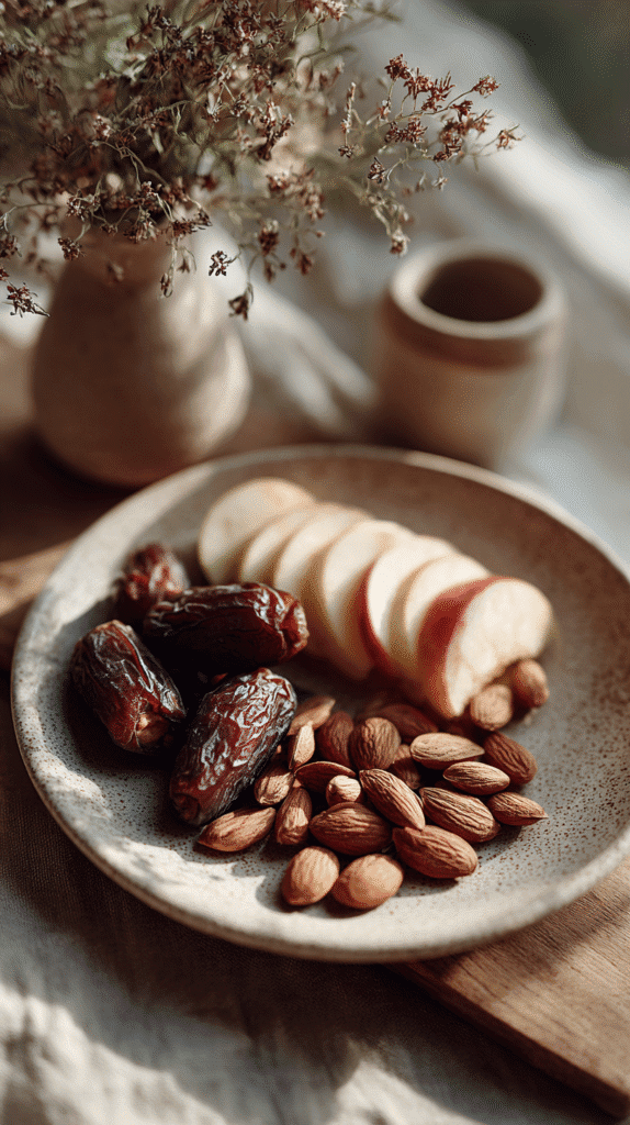 dates, almonds and apple slices on a ceramic plate 