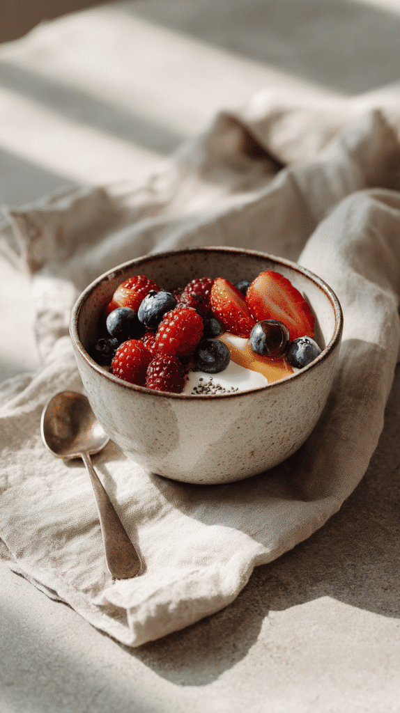 a bowl of yogurt and fruit on a linen napkin