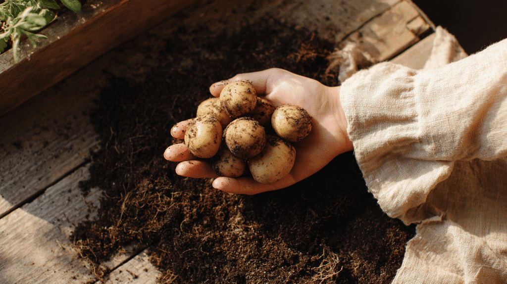 a hand holding freshly harvested potatoes