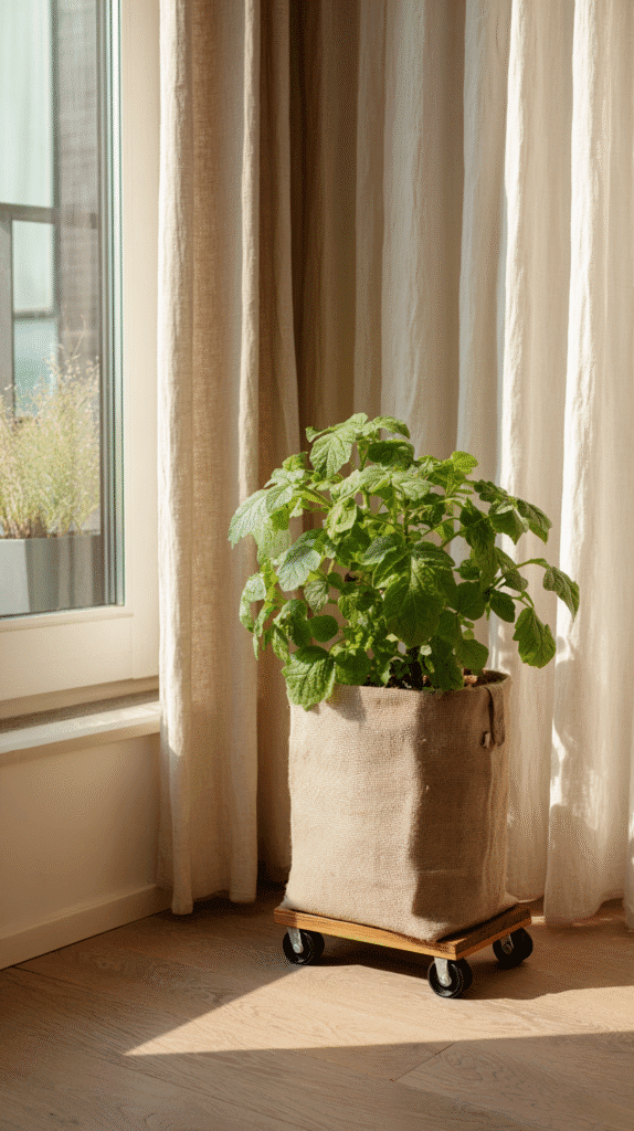 grow-potatoes-containers-cart a grow bag with potato plant on a wheeled cart in a sunny apartment window