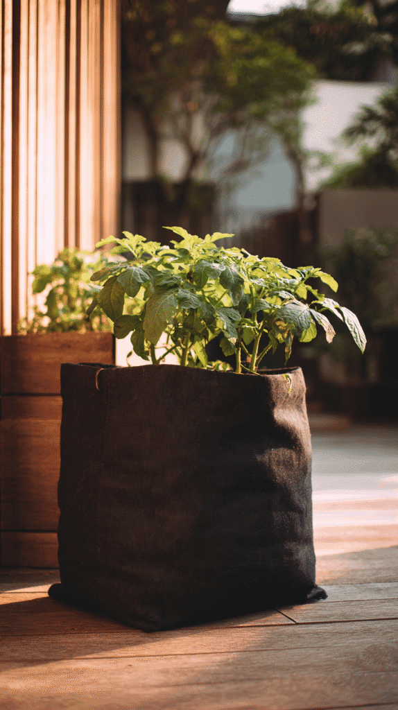 grow-potatoes-containers-grow-bags a black grow bag with a potato plant on a patio