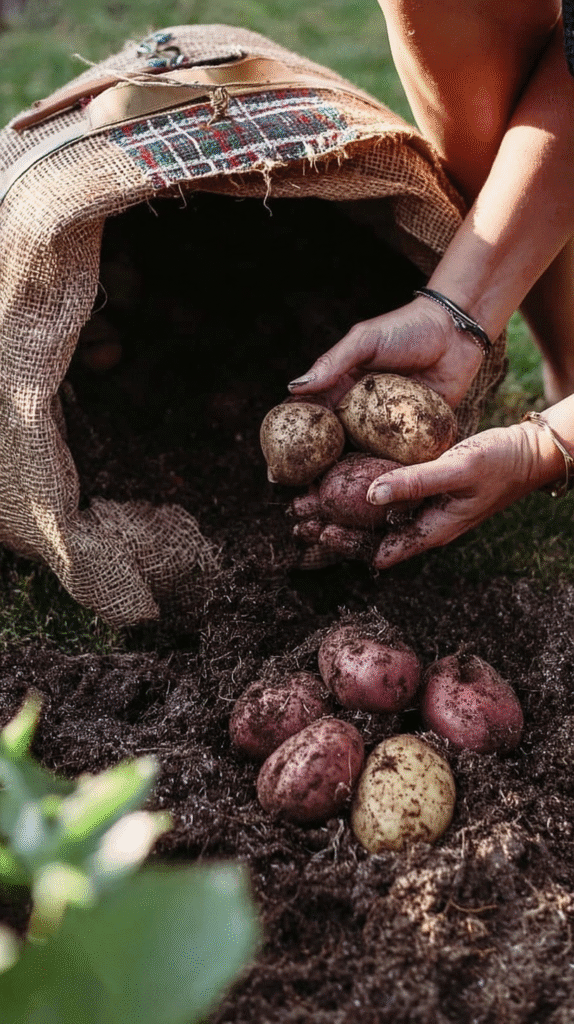 grow-potatoes-containers-harvesting harvesting some potatoes from a grow bag