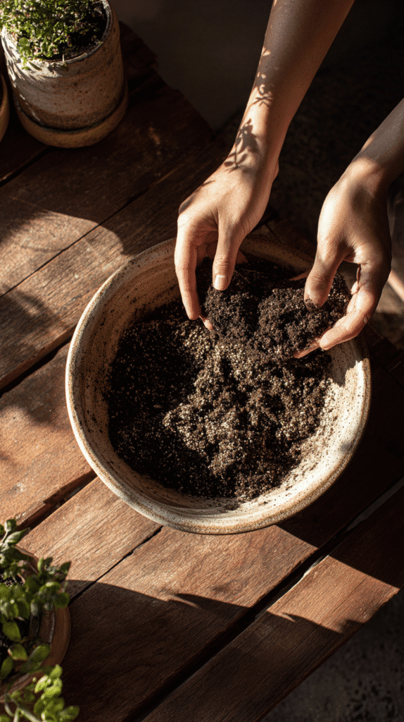 grow-potatoes-containers-mixing-soil hands mixing soil mix for planting potatoes