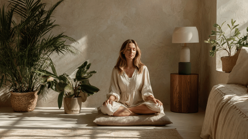 a woman sits on a meditation cushion in an apartment living room near potted plants