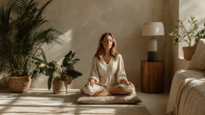 a woman sits on a meditation cushion in an apartment living room near potted plants