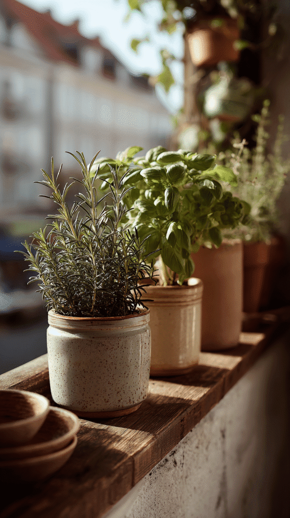 holistic-lifestyle-city-herbs ceramic potted plants on a windowsill in the sunlight