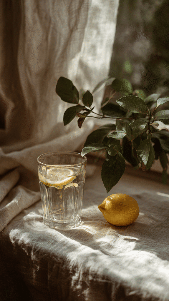 holistic-lifestyle-city-lemon-water a glass of lemon water on a counter in the morning sunlight