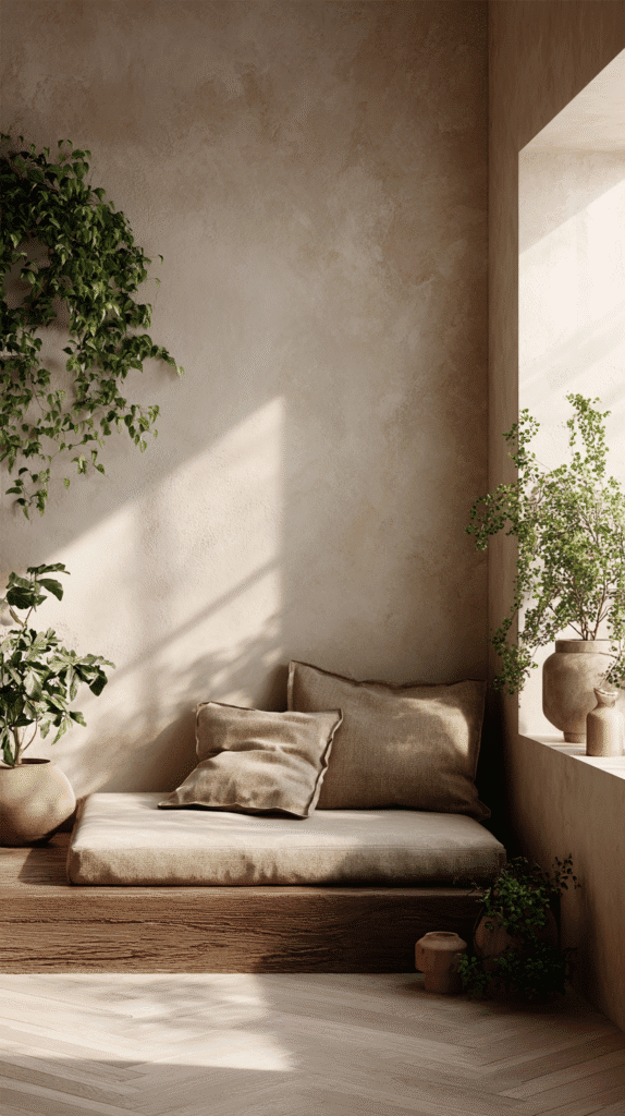 holistic-lifestyle-city-meditation-corner a meditation corner with pillows and potted plants