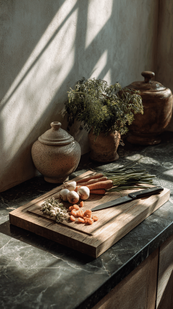 holistic-lifestyle-city-vegetables a rustic wood cutting board with cut vegetables in a modern apartment