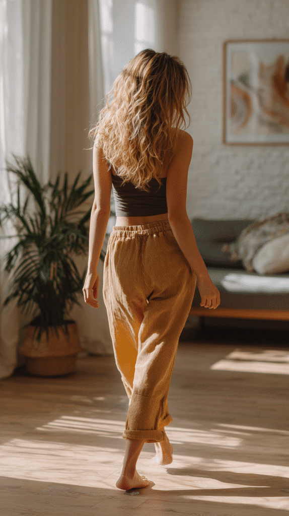 holistic-lifestyle-daily-habits-dancing a woman moves intuitively in a modern living room