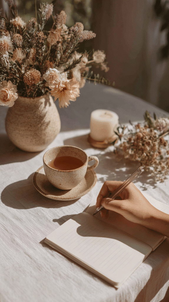 holistic-lifestyle-daily-habits-journaling a woman's hand writes in a journal next to a mug of tea and a vase of flowers