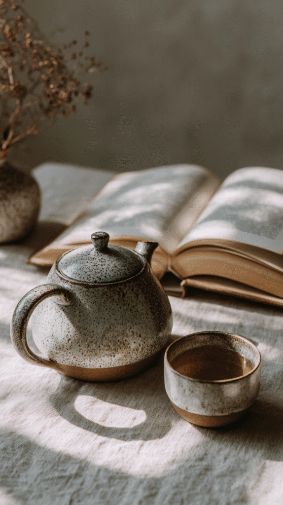 holistic-lifestyle-daily-habits-tea-ceremony a tea pot and mug in front of a book on a linen covered counter