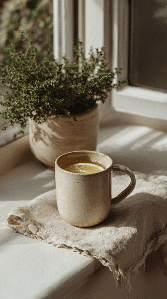 holistic-lifestyle-daily-habits-tea-plant a mug of tea with lemon sits on a windowsill in the morning next to a potted plant