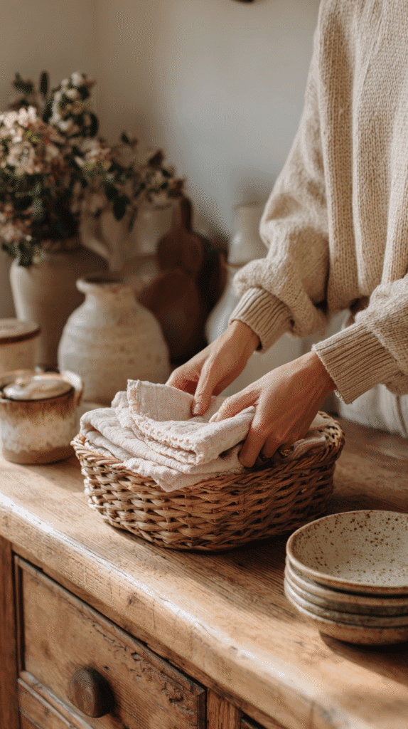 holistic-lifestyle-daily-habits-tidying a woman puts folded linens in a woven basket on a wooden counter
