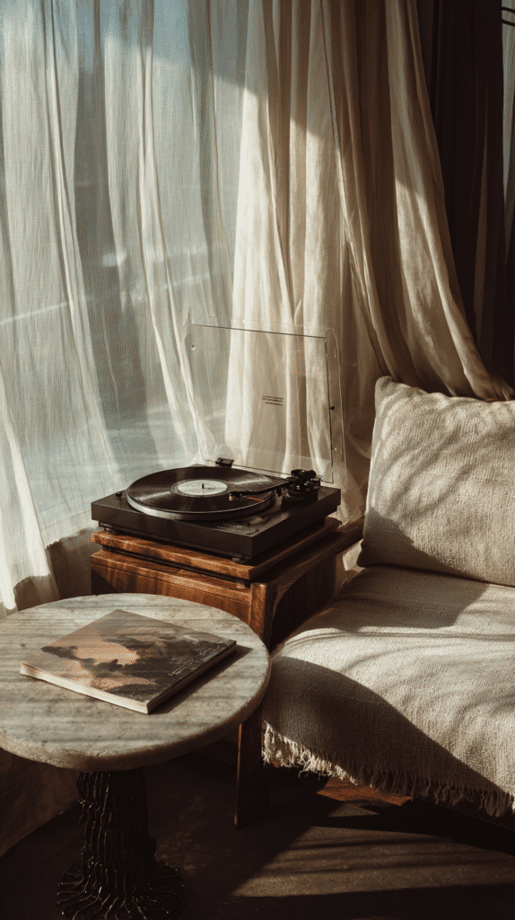 holistic-lifestyle-swaps-analogue a sunny corner in a living room with a record player and art coffee table book