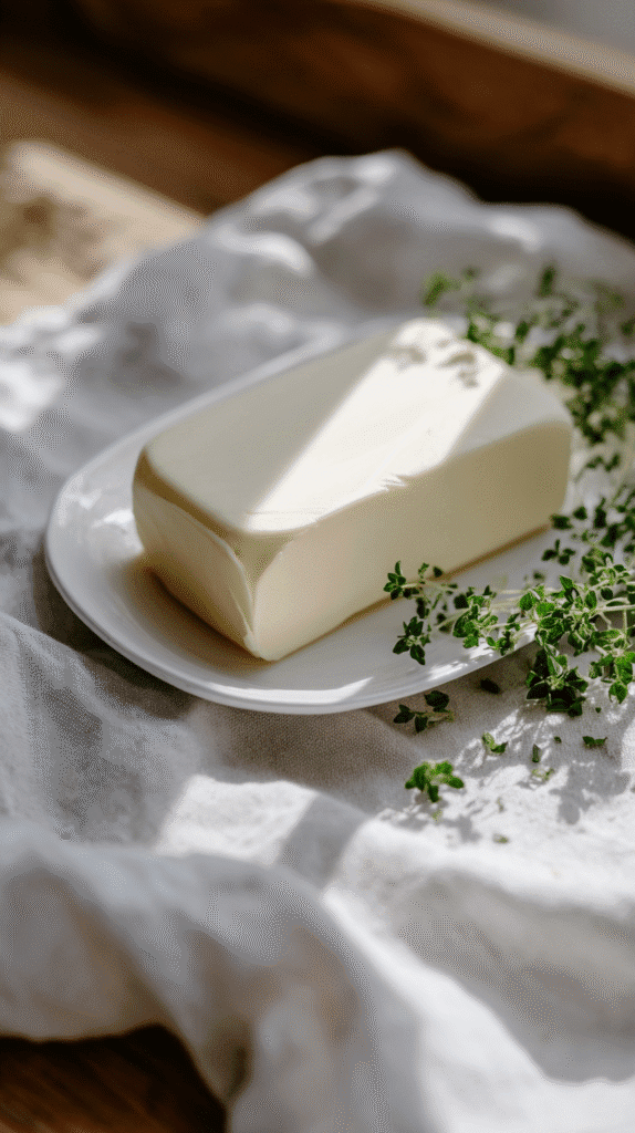 holistic-lifestyle-swaps-butter a stick of grass fed butter on a plate surrounded by fresh thyme on a linen napkin