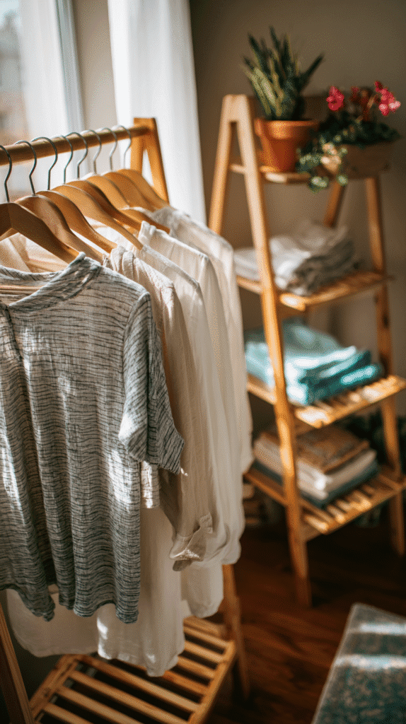 holistic-lifestyle-swaps-capsule-wardrobe a linen capsule wardrobe hangs on a rack in a sunny room