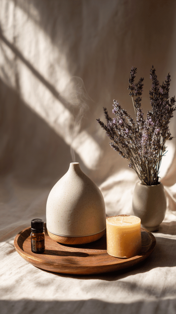 holistic-lifestyle-swaps-diffuser an essential oil diffuser and beeswax candle on a wooden tray next to a vase of dried lavender