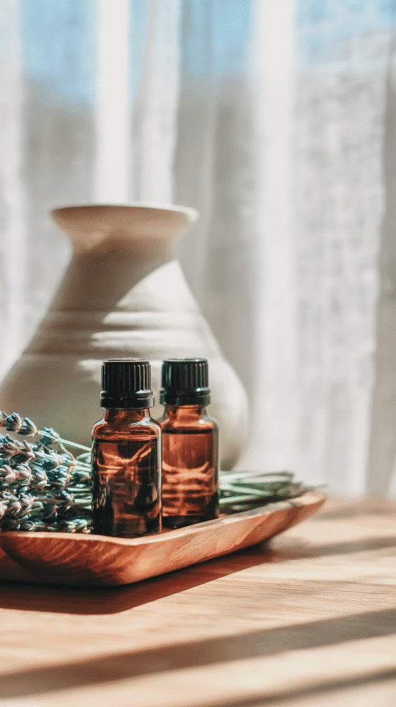 holistic-lifestyle-swaps-essential oils bottles of essential oils and fresh herbs on a wooden tray next to a sunny window