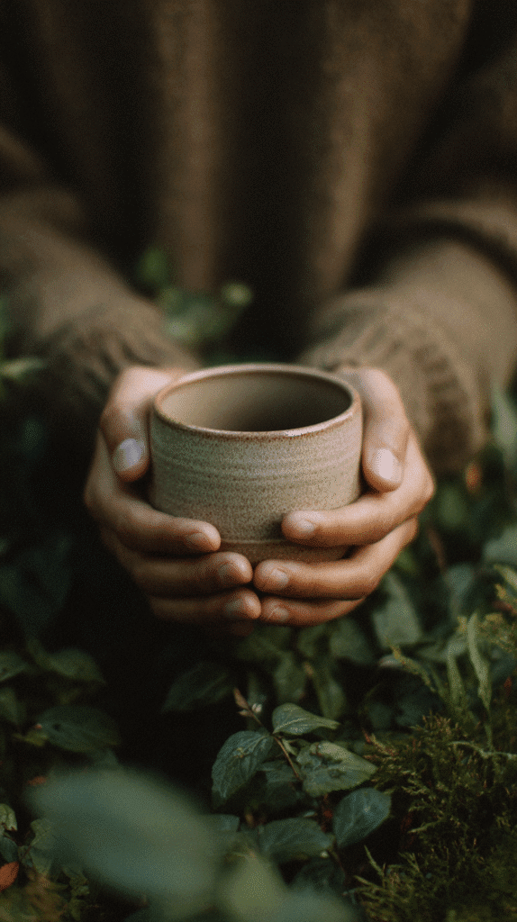 holistic-lifestyle-swaps-herbal-tea hands hold a teacup in greenery