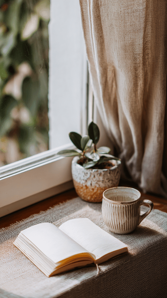 holistic-lifestyle-swaps-journal-and-tea a journal open near a window next to a mug of tea and potted plant
