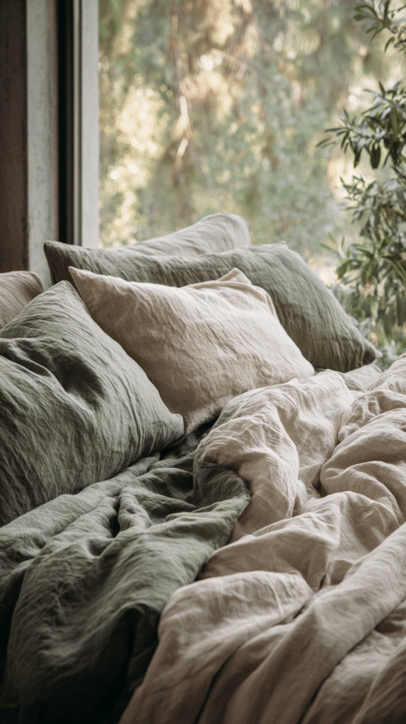 holistic-lifestyle-swaps-linen-bedspread a bed with linen bedding next to a window