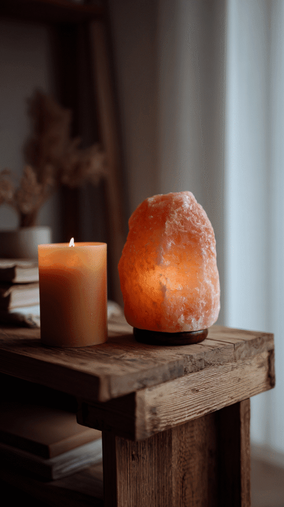 holistic-lifestyle-swaps-low-lighting a himalayan salt lamp and beeswax candle on a rustic wooden table
