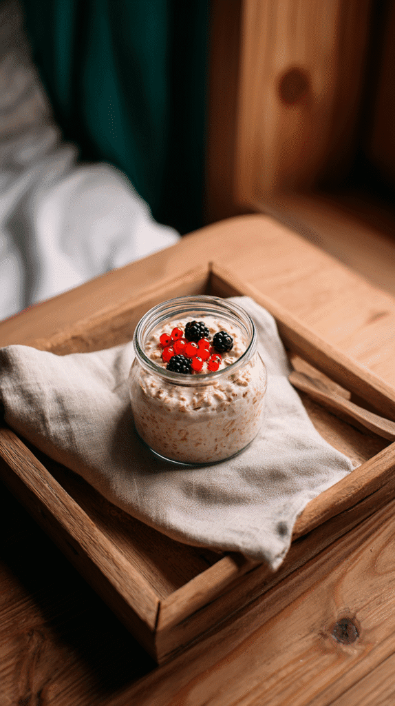 holistic-lifestyle-swaps-overnight-oats a jar of overnight oats topped with berries on a linen napkin and wooden tray