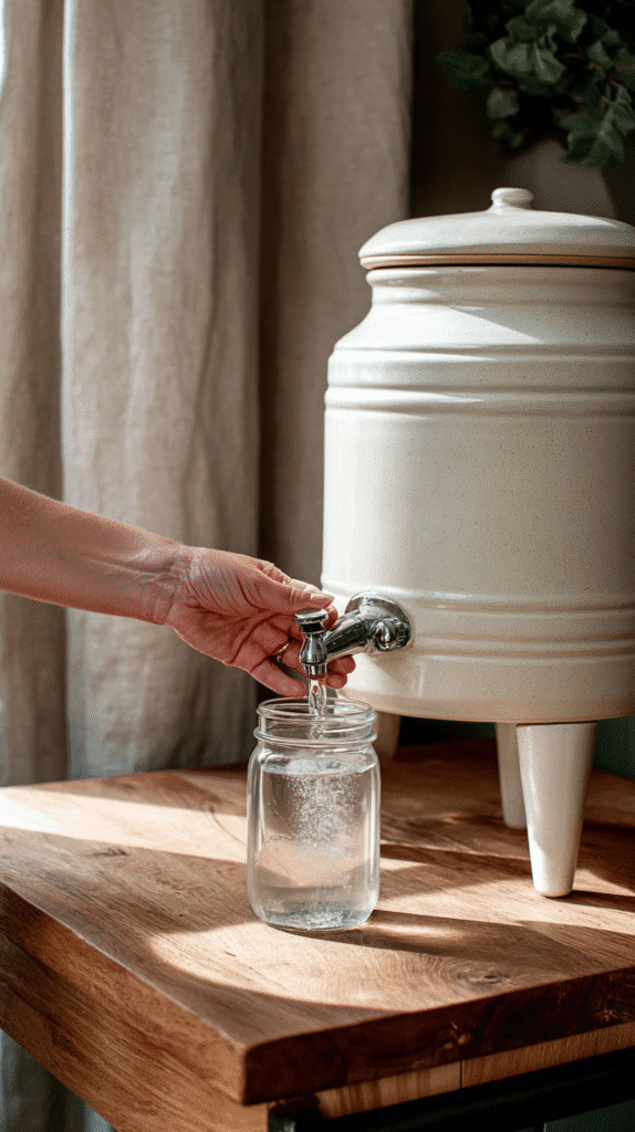 holistic-lifestyle-swaps-water a ceramic water dispenser and jar being filled from it