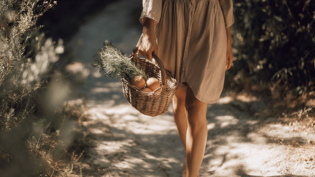 a woman walks on a nature path with a basket of fresh produce in a linen dress