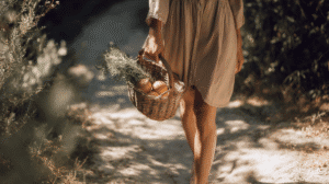 a woman walks on a nature path with a basket of fresh produce in a linen dress