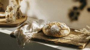 a loaf of sourdough bread on a wooden cutting board next to a linen napkin