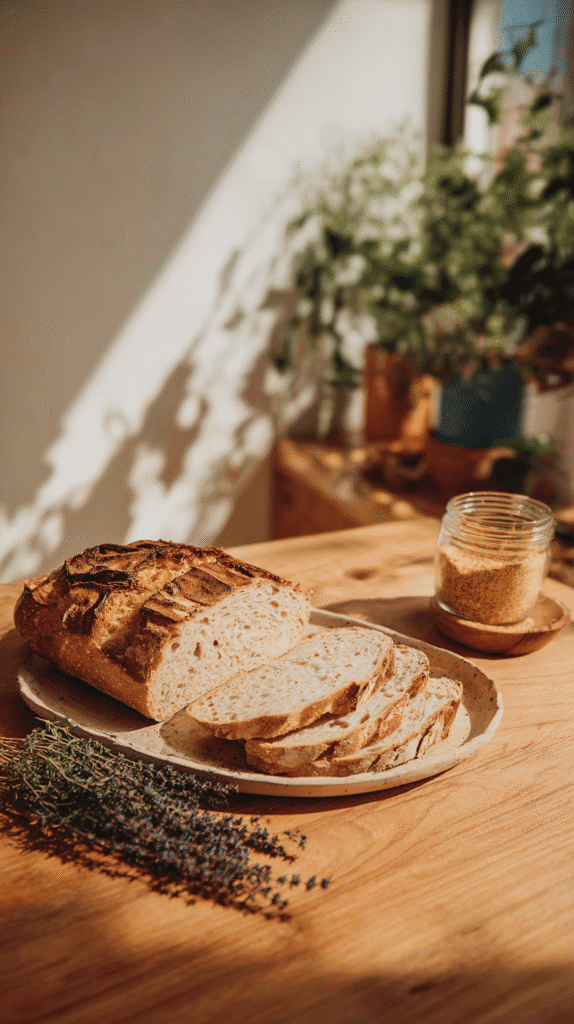 a loaf of sliced sourdough bread on a wooden kitchen counter
