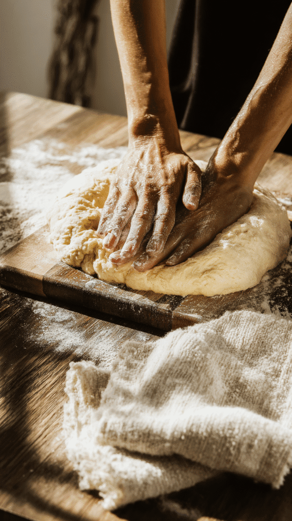 a pair of hands knead a ball of sourdough dough