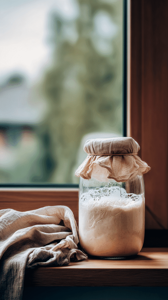 a jar of sourdough starter on a windowsill
