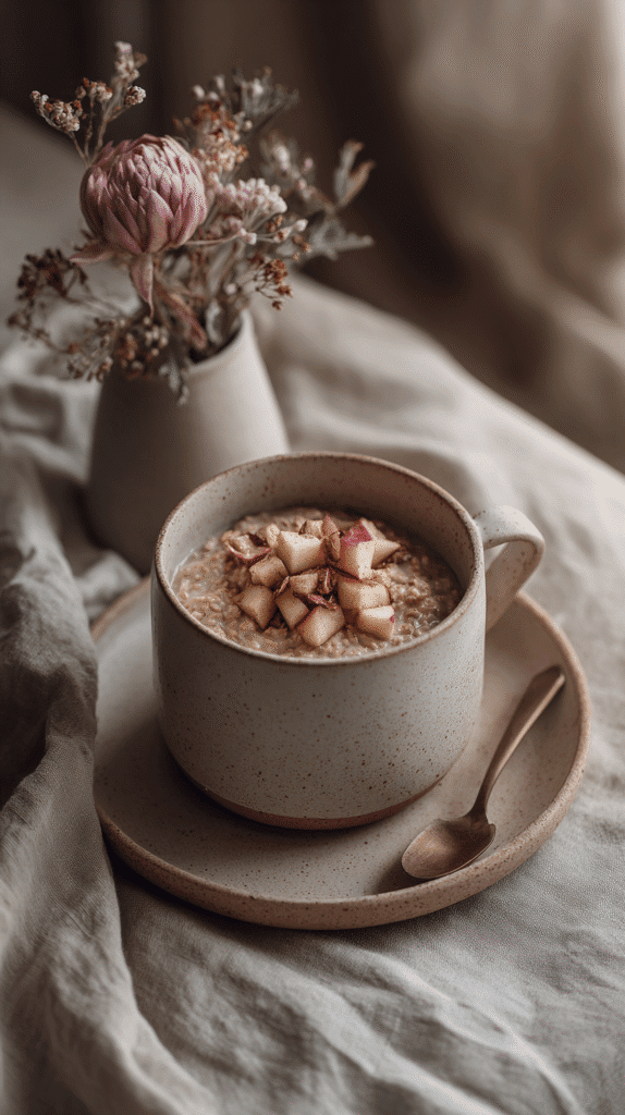 overnight-oats-apples a bowl of overnight oats with apples and cinnamon